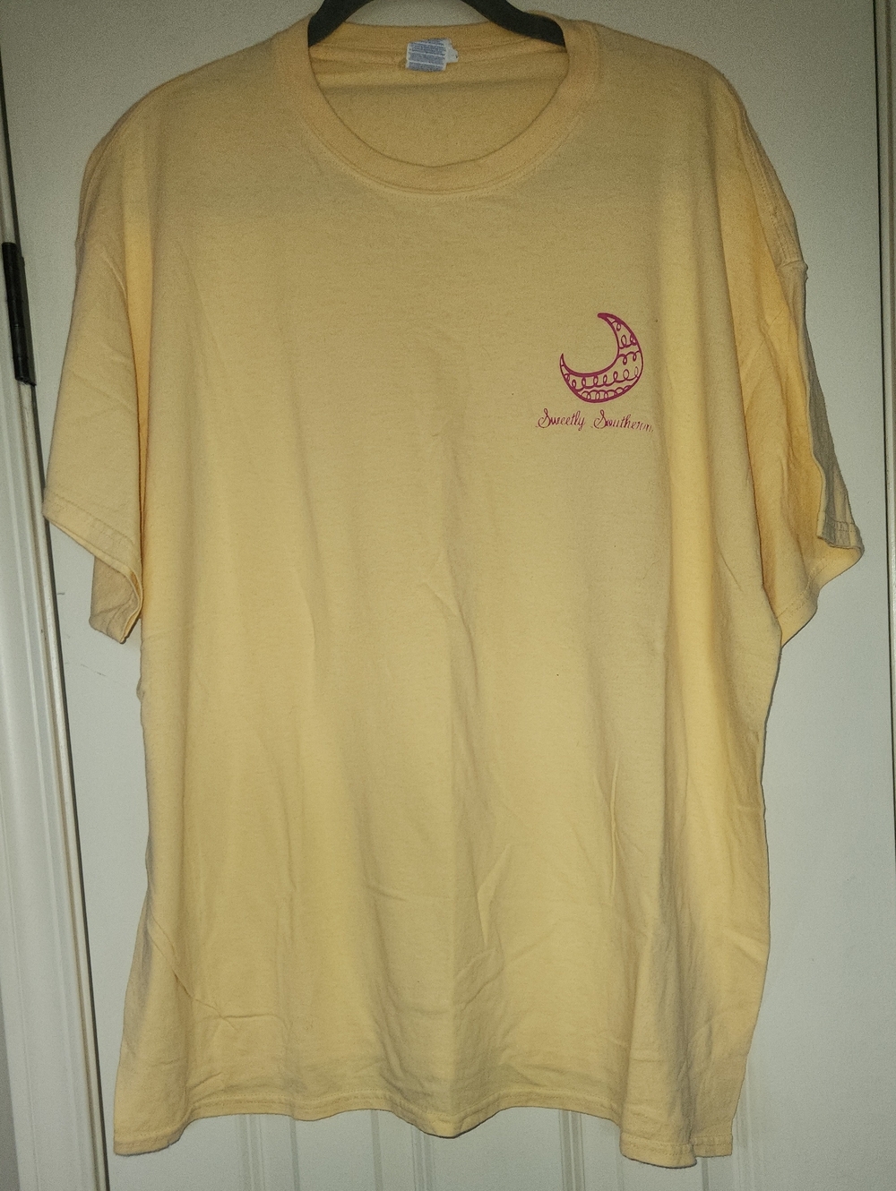 Palmetto Moon Yellow Short Sleeve Tee with Pink Crescent Moon Sweetly Southern